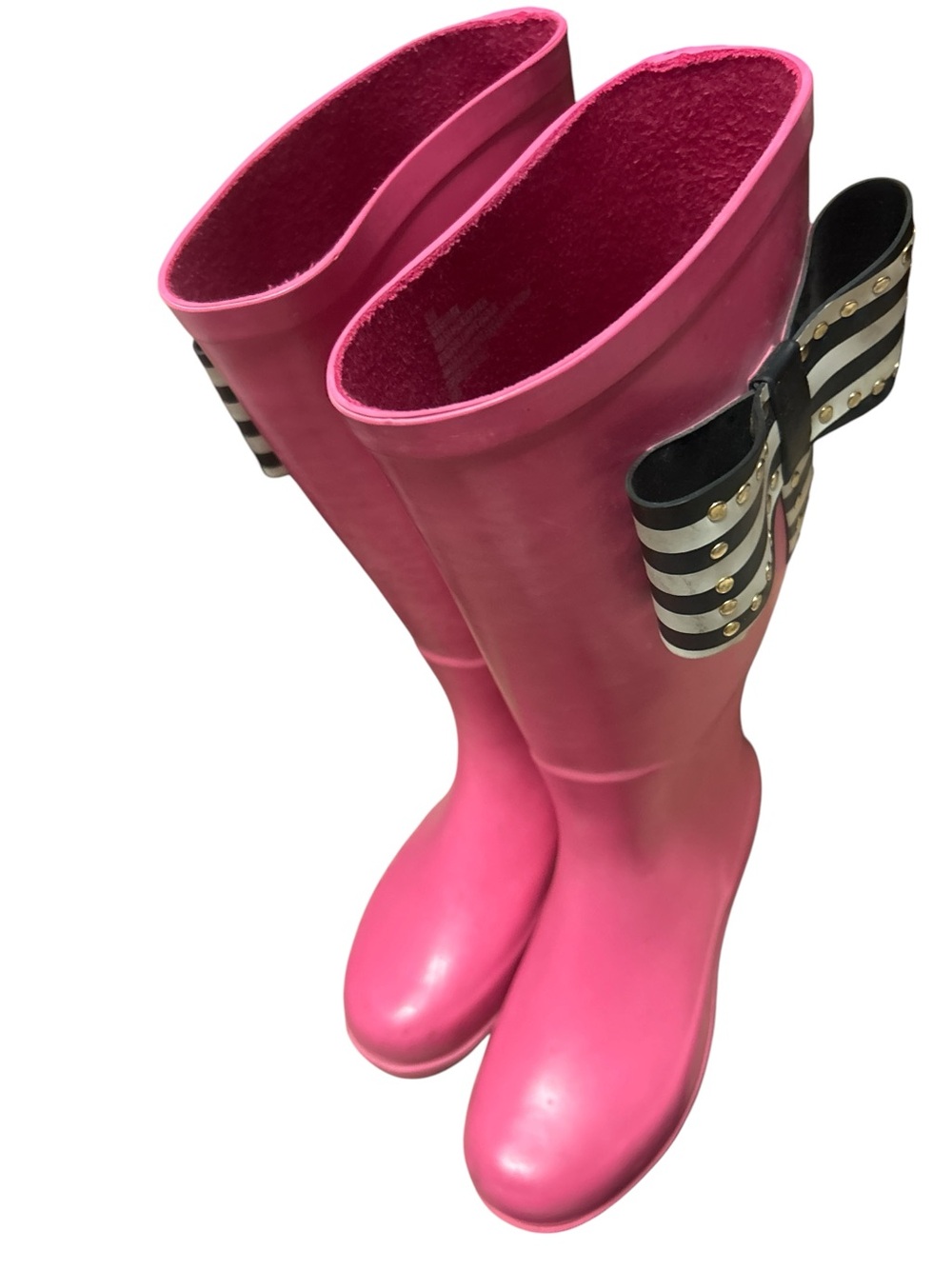 Betsey Johnson Storm Pink Rain Boots with Black & White Studded Bow